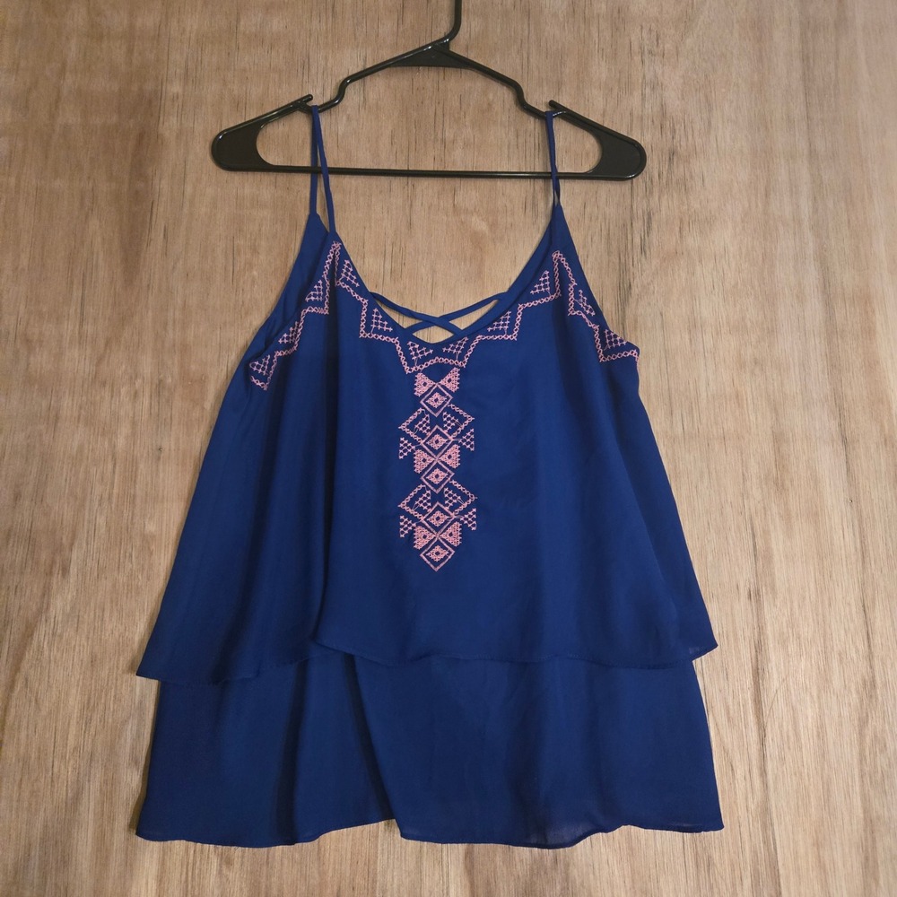 Embroidered Blue Tiered Camisole Pink Cross Front Top Medium Bright Colors